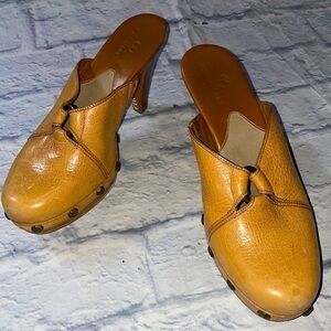 Cole Haan Boho High Heel Wedge Studded Round Toe Platform Mule Clog Leather Shoe